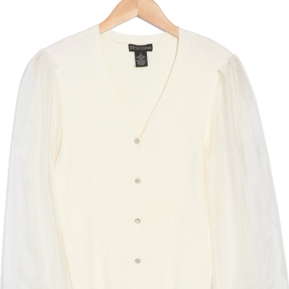 Chic Cream V-Neck Sweater with Sheer Sleeves - Picture 3 of 3